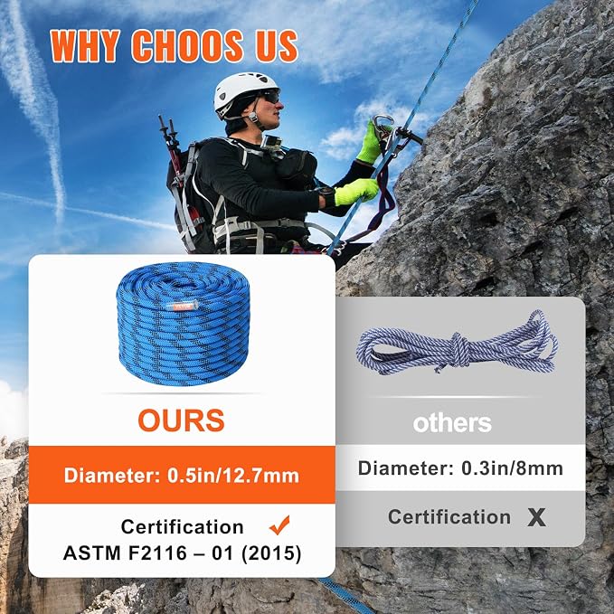 VEVOR 12.7mm Static Climbing Rope, 45.7M(150ft) Outdoor Rock Climbing Rope 30KN Breaking Tension, Fiber Rope for Escape, Rappelling, Fire Rescue, Blue
