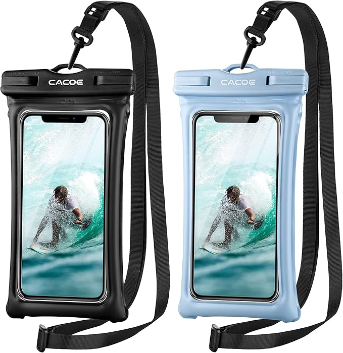 CACOE [Floatable] Floating Universal Waterproof Phone Case 2 Pack-Up to 7.0",Phone Pouch with Adjustable Neck Lanyard,IPX8 Cellphone Dry Bags for Vacation Water Activities（Black+Light Blue）