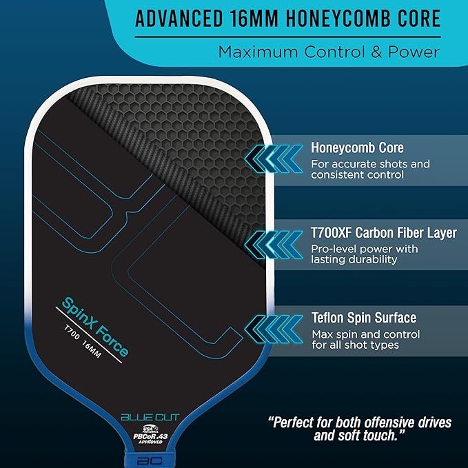 Blue Cut Pickleball Paddle – USAPA Approved Pickleball Paddles Racket with T700 Carbon Fiber, 16mm Honeycomb Core, Spin Surface, Pro Power Speed & Control – Includes Carry Bag
