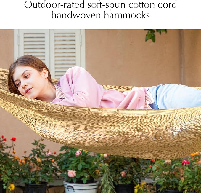 PNAEUT Handwoven Mayan Hammock, Thick Soft Rope Double Hammock for Outdoor Outside & Indoor, 600 lbs Capacity Heavy-Duty, Includes Tree Straps, Carabiners & Carrying Bag(Tan, X-Large)