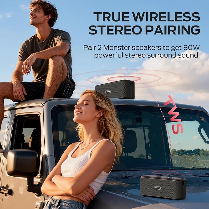 Monster Shock Plus Bluetooth Speaker,Portable Speaker with 40W Loud Stereo Sound,Bluetooth 6.0,TWS Pairing, 20H Playtime, Support AUX/TF Card, IPX6 Waterproof Wireless Speakers for Travel,Home,Outdoor