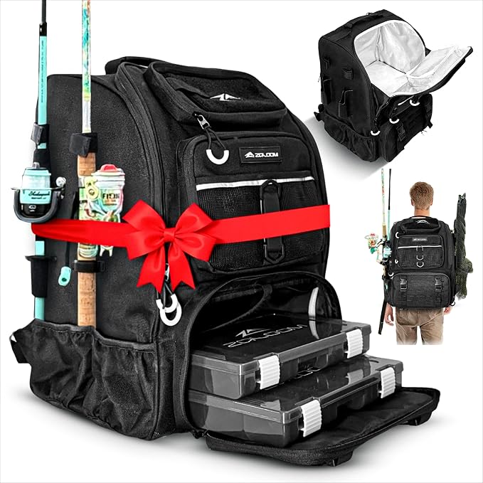 Waterproof Fishing Backpack with Tackle Boxes, Rod Holder & Foldable Net - 45L Fishing Tackle Bag with Trays Included, Extra Storage Gear and Equipment, Rain Cover, Fisherman Gift for Men