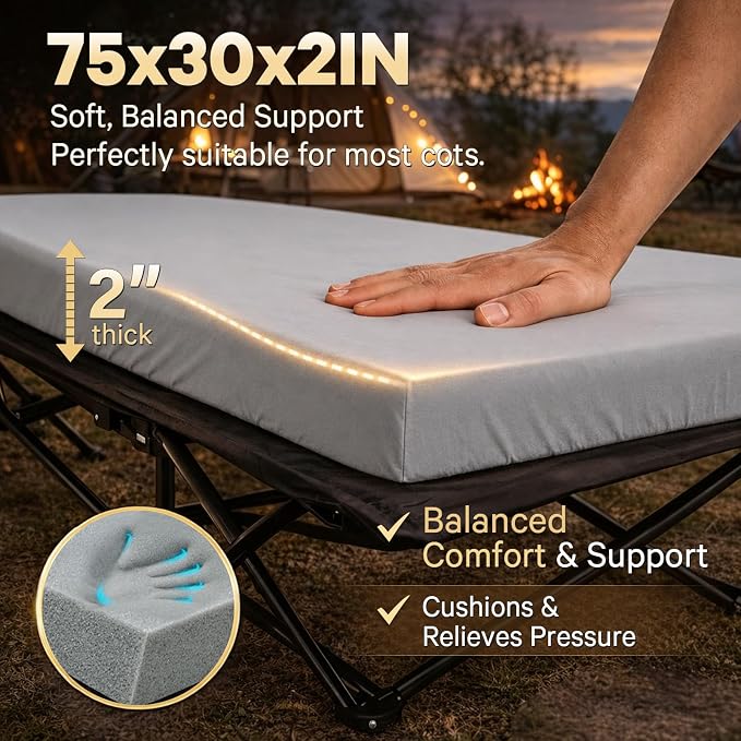 CYMULA Camping Cot Pad 2 Inch Memory Foam, Camping Pad for Folding Cot and Foldable Cot, Portable Roll Up Camp Gear for Car Camping Travel Tent, Non-Slip Waterproof Bottom, Removable Cover, Pad Only