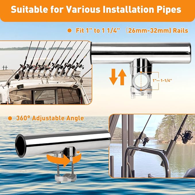 2 Pack Fishing Rod Holders for Boat Rail Mount, Stainless Steel Clamp on Rod Holder for Marine Boat, Fishing Boat, Pontoon, Jon Boat