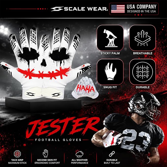 Jester Football Receiver Gloves White – White with Red Joker Smile Battle College Lineman Tacky Pro Grip Palms Football Gloves Men Adult Youth Kids Boys Unleash Your Venom