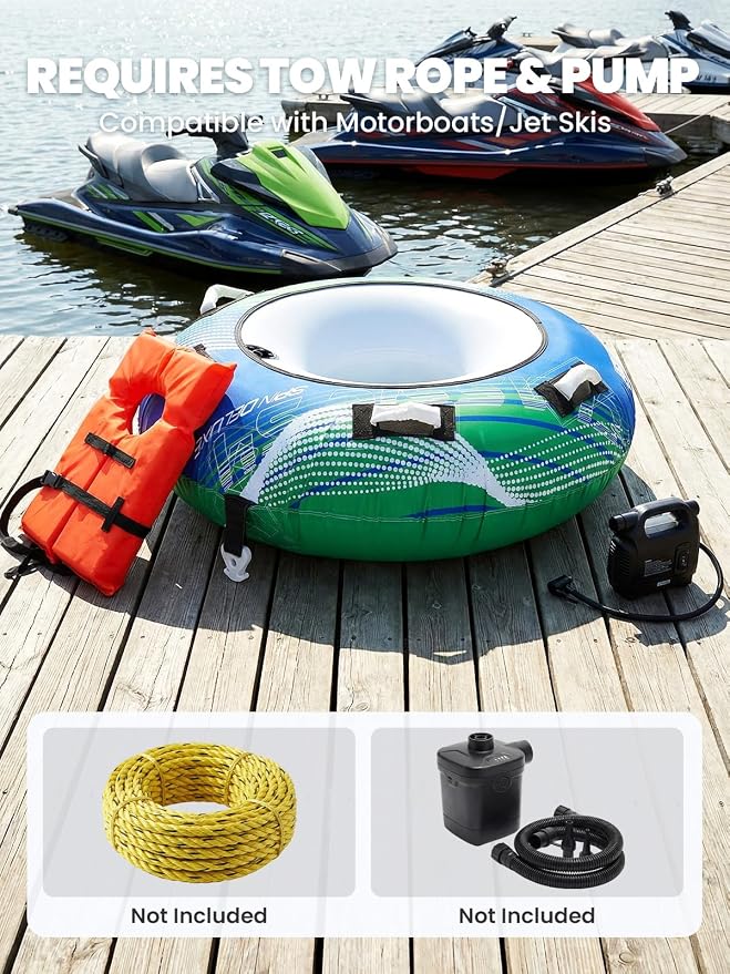 Zeraty Towable Tube for Boating 1-2 Riders, Heavy Duty Inflatable PVC Water Tube with 420D Nylon Cover & Reinforced Handles, Stable Deck Tube for Lake Ocean River, Towable for Water Sports Kids Adults