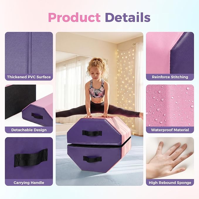 Detachable Octagon Gymnastics Mat, 17"X17"X23" Home Tumbling Mat, Skill Shape Tumbling Backbend Trainer Exercise Mat, with High-Density Foam & Waterproof Cover, for Cheerleading, Martial Art, Kids Tumbling, Skill Training, Home Gym Exercise