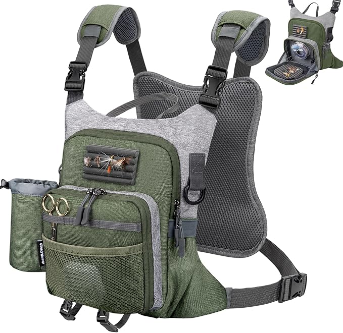 QulayQualy Fly Fishing Pack - Chest Pack with Work Station Lightweight Tackle Fishing Bag with Quick-Release (Green, L-12'' w/Cup Sleeve)