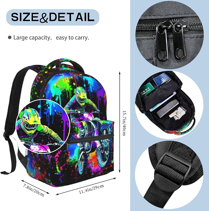 Motocros Backpack For Boys Motocros Dirt Bike Boys Backpack For Kids Children Teens Elementary Middle School Motorcycle Bookbag Travel Back Pack for Age 6-18