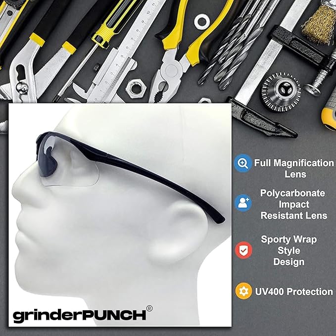 grinderPUNCH Full Lens Magnification Safety Glasses Readers ANSI Z87 Impact Resistant Diopter Magnifying Reading Glasses