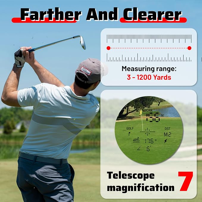 Golf Rangefinder with Slope - 1200 Yards Range Finder for Golfing/Hunting, 7X Magnification, Flag Pole Locking Vibration, Rechargeable Range Finders with Magnet Stripe, Best Golf Accessories Gift