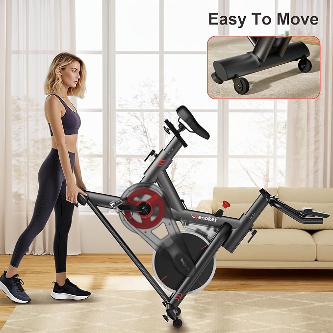 Wenoker Exercise Bike for Home – 350LB Indoor Cycling Bike, Low Noise Stationary Spin Bike with App Sync, Adjustable Seat, LCD Monitor, Smooth & Quiet for Cardio Workout
