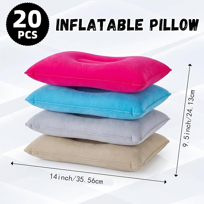 Geelin 20 Pack Inflatable Pillows for Camping Travel Beach Vacation Sand Squared Flocked Soft Fabric Backpacking Ultralight Pillows for Office Sleeping Neck Head Lumbar Support (4 Colors)