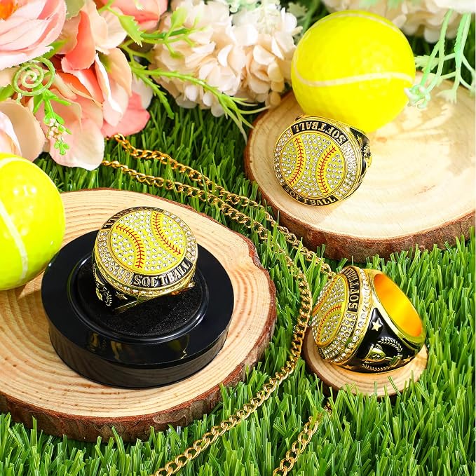 Highergo 1 PC Champion Mvp Rings Baseball Soccer Basketball Volleyball Football Softball Trophy Ring with Display Stand and Neck Chain Size 11 for Winner Tournament Award Gift(Baseball)