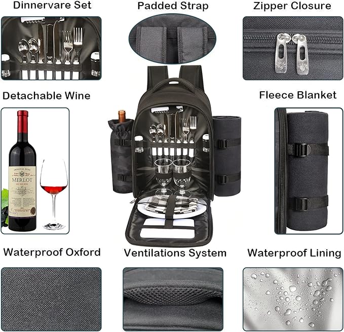Hap Tim Picnic Backpack for 2 Person with Insulated Cooler Compartment,Wine Holder,Fleece Blanket,Cutlery Set, Engagement Gifts for Couples, Dark Grey（3065-DG）