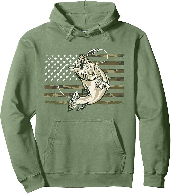 Fishing Camouflage US American Flag Bass Fish Fisherman Camo Pullover Hoodie