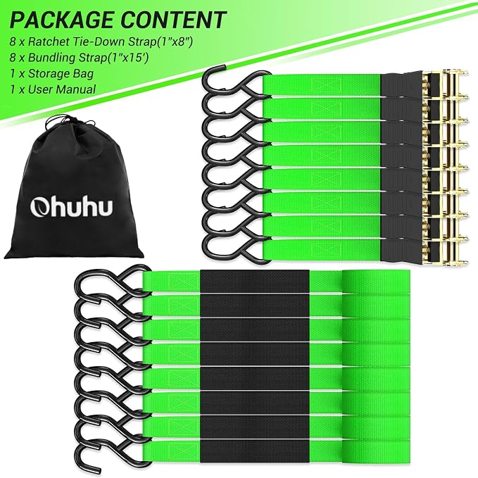 Ratchet Tie Down Strap 8-Pack 15 Ft - 500 lbs Load Cap with 1500 lbs Breaking Limit, Ohuhu Ratchet Tie Downs Logistic Cargo Straps for Moving Appliances, Motorcycle, Green