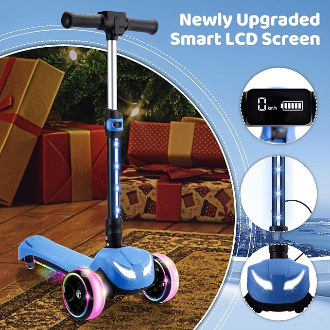 Electric Scooter for Kids w/150W Powerful Motor, Thumb Throttle, LCD Screen, Bluetooth, Light-Up Stem Deck & Wheels, 3 Adjustable Heights, 5MPH Safe Speed, 3 Wheel Electric Scooter for Kids