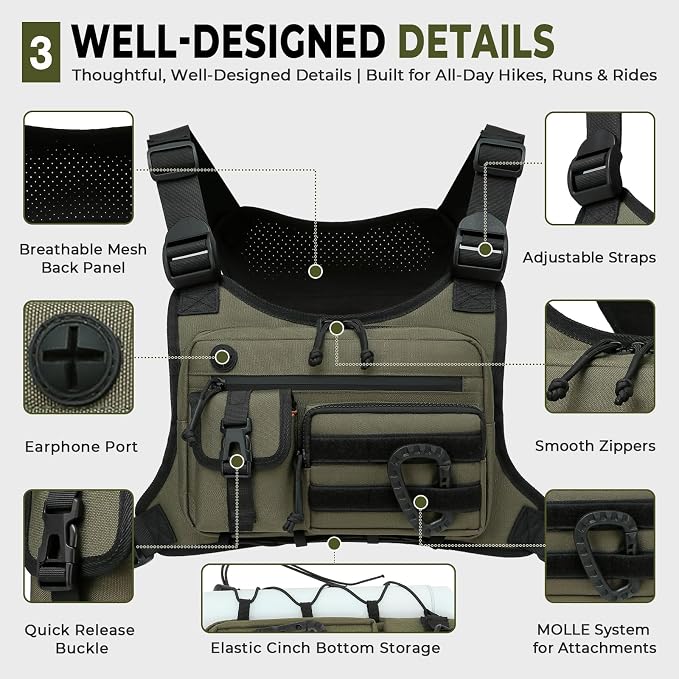Muserise Outdoor Chest Bag For Men and Women, Tactical Vest For Running, Cycling, EDC Chest Pack Rig For Sports and Workouts