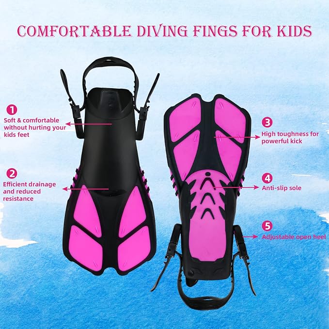 Kids Snorkeling Set - Adjustable Flippers + Panoramic Snorkel Mask + Dry Snorkel Tube + Travel Bags - Suitable for Kids & Juniors, Age 5-14