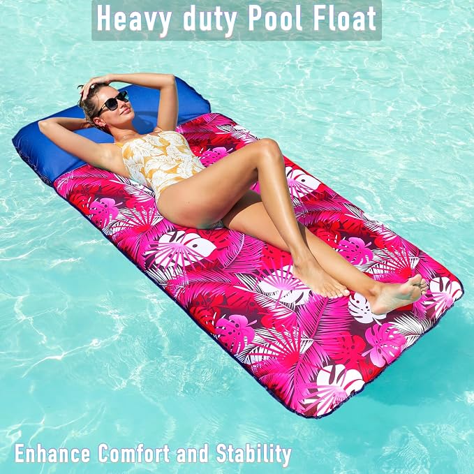 FindUWill Oversized Pool Float Lounge, 72" X 37" Extra Large Fabric-Covered Pool Floats for Adults, Inflatable Contour Lounger with Headrest Ultra-Comfort Cooling Pool Raft (XL, Monstera)