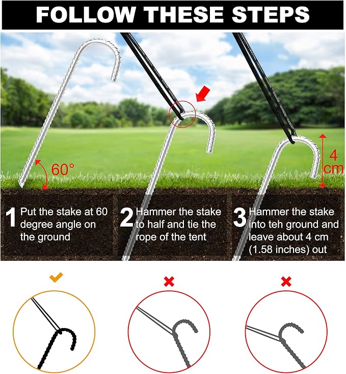 ABCCANOPY 12 inch Heavy Duty Ground Stakes J Hooks for Camping Tent Heavy Duty Metal Ground Anchors, 8 Pack