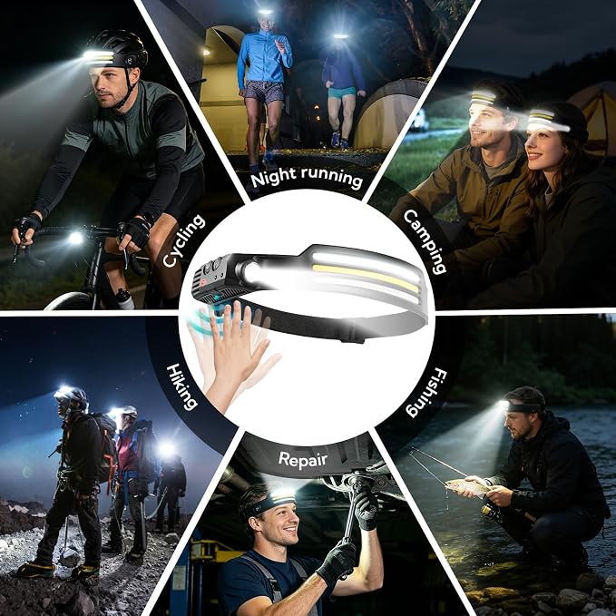 Headlamp Rechargeable 8-Pack，LED Head Torch with 8 Light Modes (White/Yellow/Red + Spotlight), Motion Sensor & Hands-Free Headband, USB Rechargeable for Camping, Running & Repairs, Fishing, Cycling