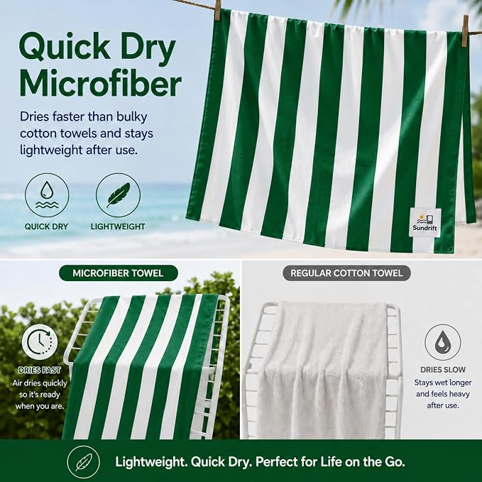 Oversized Microfiber Beach Towel 71x36 Inch, Quick Dry Sand Free Travel Towel, Lightweight Sueded Beach Blanket for Pool, Camping, Yoga & Beach Trips (Green/White)
