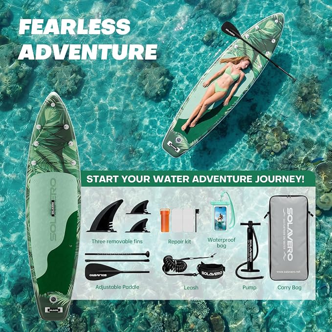 SOLAVERO Stand Up Paddle Board, 11‘ Inflatable SUP Supports 500LB - Wide Stable Board with Non-Slip EVA Deck for Adults & Youth of All Skill Levels