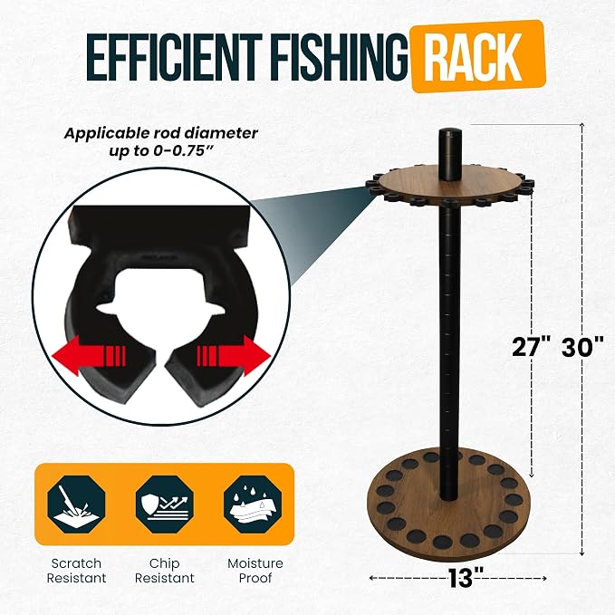 Rush Creek Creations 16 Rod Fishing Pole Holder - Round Floor Mount Rack with Clips for Garage Organization, Dark Walnut Wood