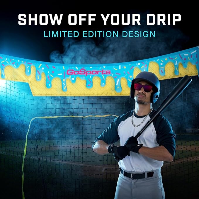 GoSports 7 ft x 7 ft Baseball & Softball Nets - Red, Black, Drip or PRO - Practice Hitting & Pitching Net with Bow Type Frame, Carry Bag and Strike Zone, Great for All Skill Levels