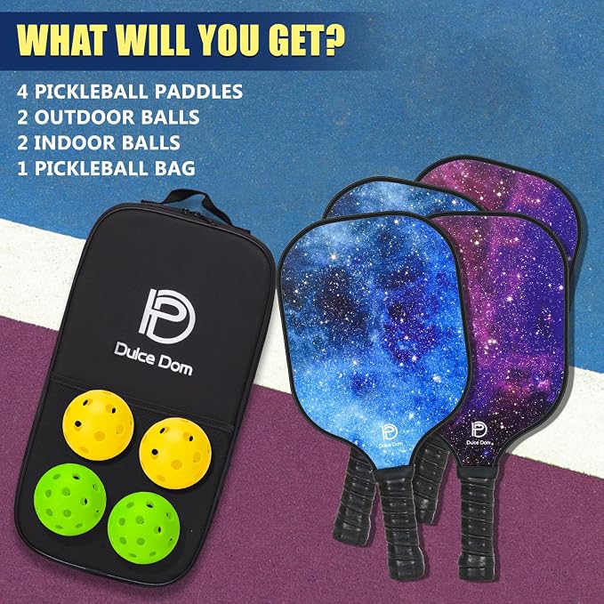 Dulce DOM Pickleball Paddles Set of 2/4 - USAPA Approved, 4 Indoor Outdoor Pickleball Balls, Fiberglass Surface Paddle Racket with Cover Bag, Ideal Training Equipment Gift for Men & Women