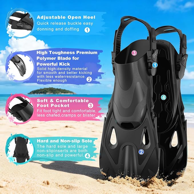 Snorkeling Gear for Adults, Mask Fin Snorkel Set, Dry Top Snorkel Mask, Panoramic View Anti-Leak Anti-Fog 3 in 1 Snorkeling Kit Travel Diving Package with Storage Bag