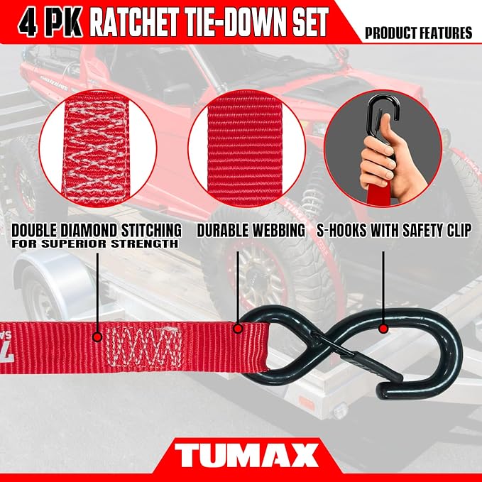 4Pcs Ratchet Tie Down Straps for 2200lb Break Strength, 1” x 15FT Tie Down Straps with Soft Loop & Safety S Hook - Cargo Strap Tie Down for Trucks, Motorcycle, Moving, Appliances, Red