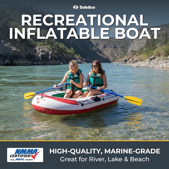 SOLSTICE Inflatable Boat for Lakes, Rivers & Beaches – Heavy-Duty Raft with Swivel Oar Locks & Grab Line – Voyager, Full Kit Includes Oars & Pump, 2-Person, White, 6'