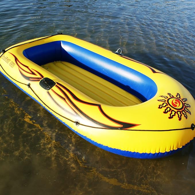 SOLSTICE Inflatable Boat Rafts 3 Person for Adults & Kids Comes W/ Pole Oar Holders Cushioned Comfortable Base Grab Line 8 Ft Size Sunskiff Kits Dinghy Air Floor Yellow