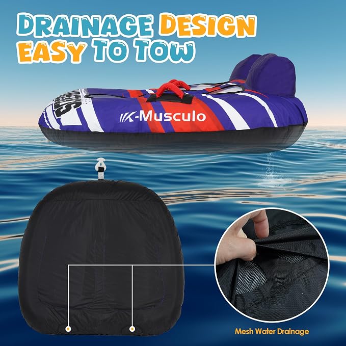 K-Musculo Towable Tubes for Boating - 2-3 Person Boat Tubes & Towables, EVA Foam Pads, Drainage, Super Safe Handle, Quick Connector