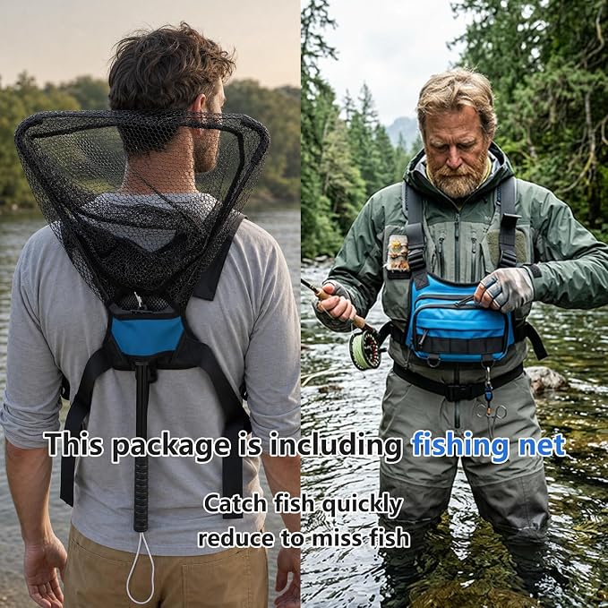 Fishing Chest Pack Vest Bag Floating Landing Net Accessory Gifts for Men | Tackle Box, Fishing Lures Kit, Hook Remover, Fish Lip Gripper, Fishing Plier Friendly for Beginners (w/ Fish Net) Blue