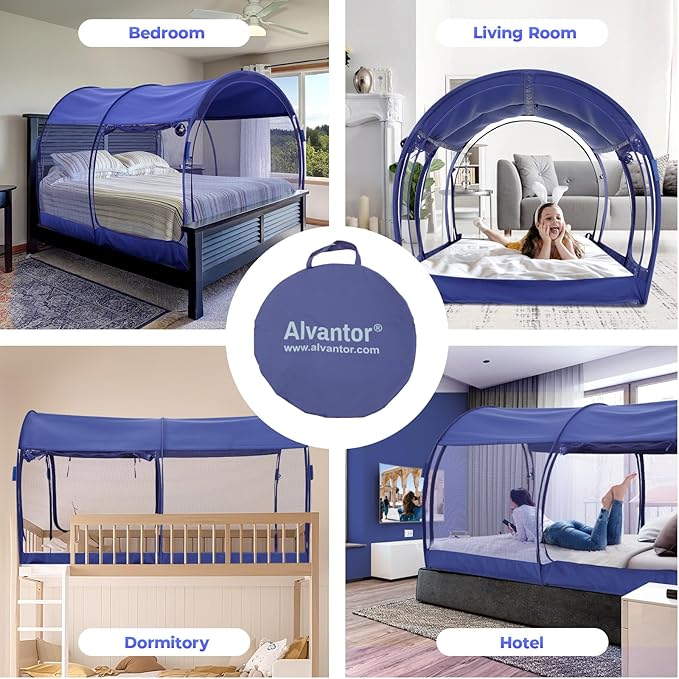 Alvantor® Mosquito Net Bed Canopy Bed Tents Dream Tents Privacy Space Full Size Sleeping Tents Indoor Pop Up Portable Frame Breathable Cottage Navy (Mattress Not Included)