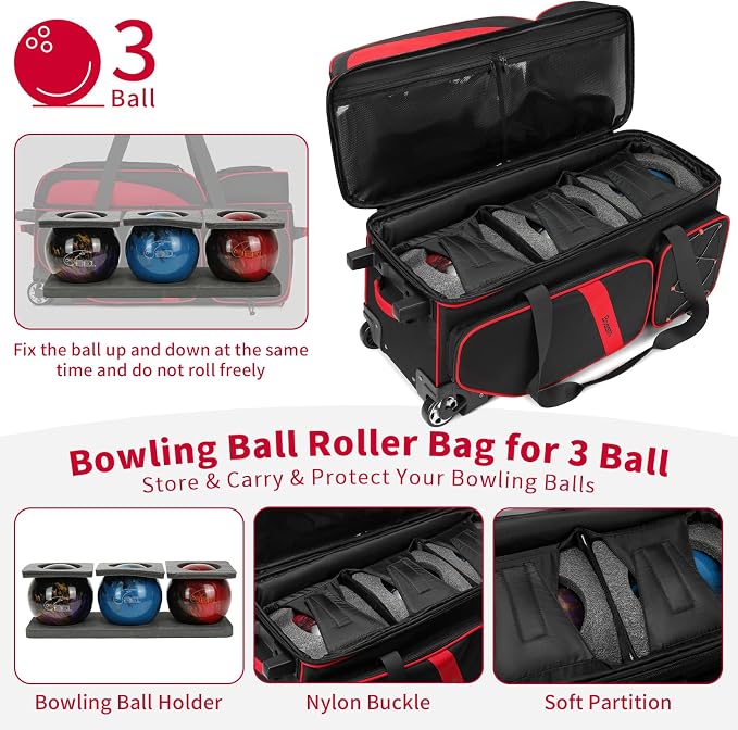 BOSSTIN 3 Ball Bowling Bags with Wheels, Secure Adhesive Fixed Ball Cup & Shoe Compartment, Bowling Ball Bag 3 Ball Roller with Multi-Pockets