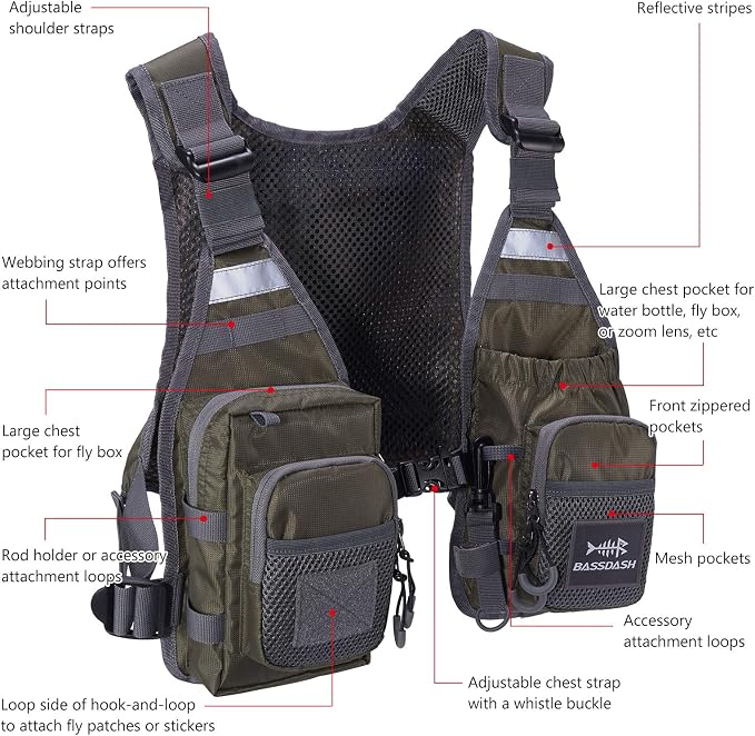 BASSDASH FV08 Ultra Lightweight Fly Fishing Vest for Men and Women Portable Chest Pack