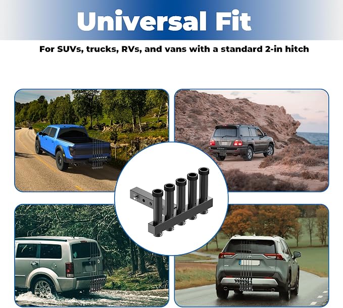 Hitch Mount Fishing Rod Holder, Fishing Pole Rack for Truck with 5-Rod Tubes, Adjustable for 2" Hitch Receivers & Easy to Use with Quick Release Pin