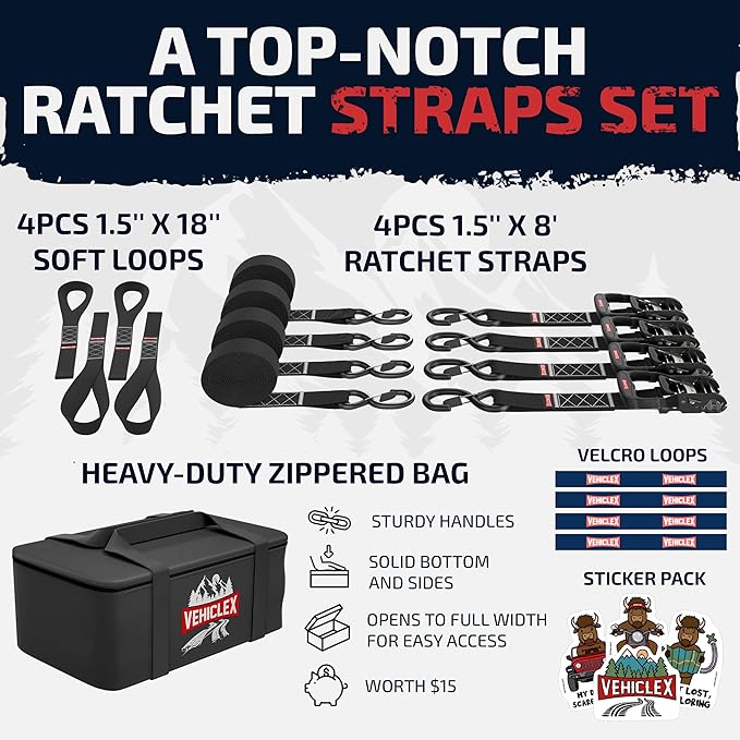 Vehiclex Motorcycle Ratchet Tie Down Straps with Soft Loops - 4PK Heavy Duty 1.5" x 8ft Kit, 4,400 lb Breaking Strength for Powersports, Black