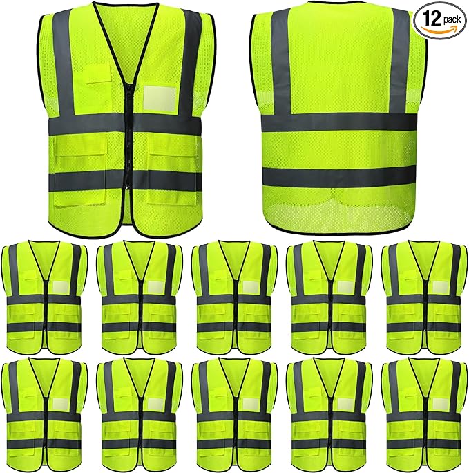 JaGely 12 Pack Reflective Safety Vests with Pockets, High Visibility Mesh Construction Vest for Men Women, Neon Yellow, Size L