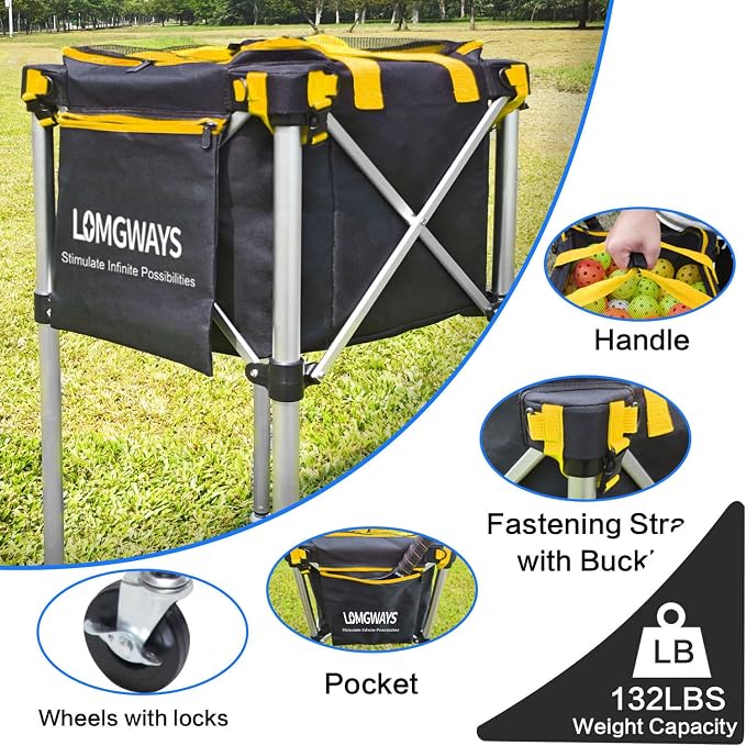 Pickleball Tennis Hopper–Foldable Cart Holds 180 Tennis/160 Pickleballs | Large Capacity |Lightweight with Wheels | Removable Bag| Side Pocket | Multi-Sport Use