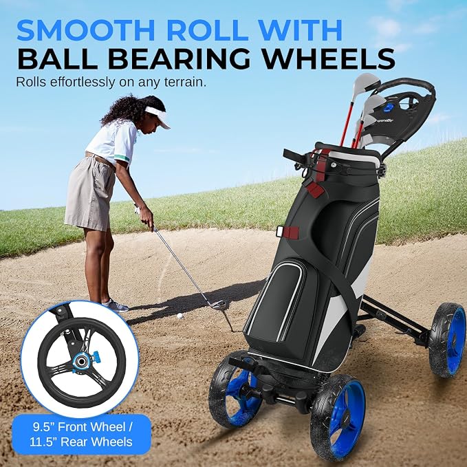 SereneLife Golf Cart Lightweight Foldable Golf Push Cart - Aluminum Folding Trolley with Adjustable Handle, Elastic Bag Straps, Dual Brakes, Scorecard & Cup Holders for Easy Maneuverability