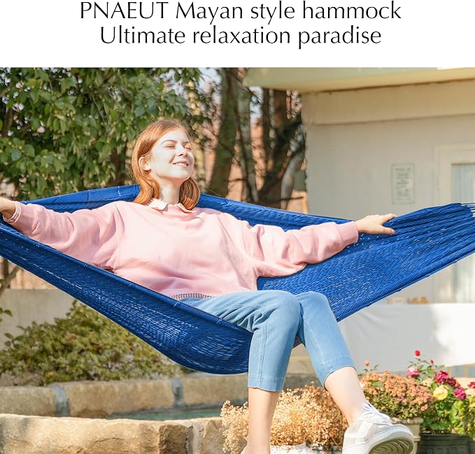 PNAEUT Handwoven Mayan Hammock, Thick Soft Rope Double Hammock for Outdoor Outside & Indoor, 600 lbs Capacity Heavy-Duty, Includes Tree Straps, Carabiners & Carrying Bag (Navy Caribe, X-Large)