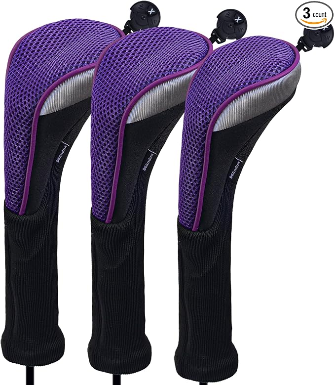 Andux 3pcs Long Neck Golf Hybrid Club Head Covers Dial No. Tag CTMT-02 | Mesh Breathable material | all the Same Size | Coloured Piping | Pull-On Closure