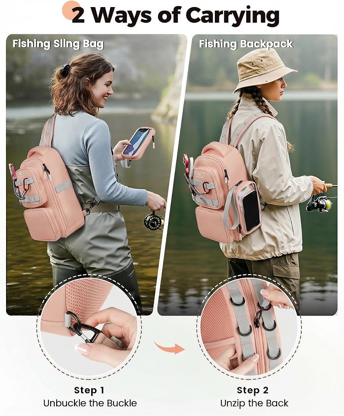 MATEIN Fishing Sling Bag with Lure Rod Holder & Phone Pouch, Waterproof 3600 Tackle Box Backpack with Removable Bait Binder