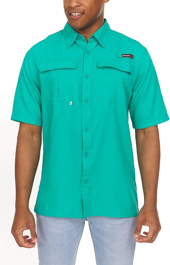Swiss Alps Mens Short Sleeve Button Down Sun Protection UPF 30+Shirt Quick Dry Cooling Fishing Shirts Casual Summer Tops